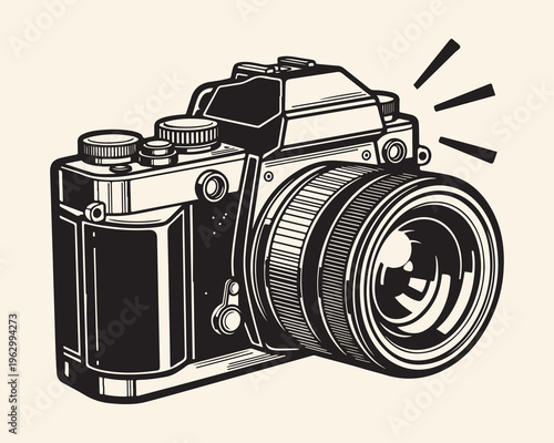 A black and white illustration of a camera with a flash