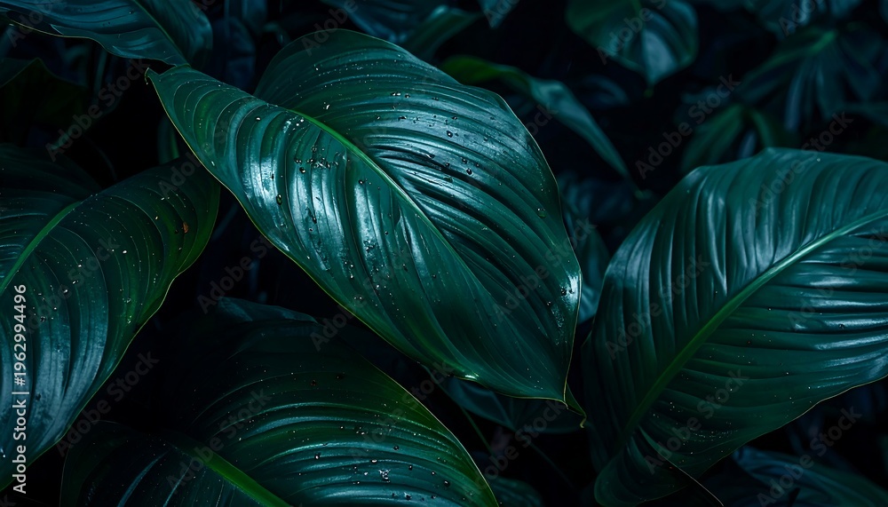 Naklejka premium Dramatic close-up of deep green tropical leaves, showcasing the lush texture and intricate patterns of nature's vibrant foliage in a serene setting