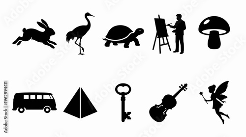 Black silhouette icon set with 10 vector elements, minimalist animal and object symbols, flat graphic design collection for web and print