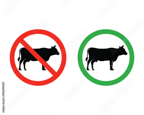 No cow icon vector, livestock not allowed symbol, cow prohibited sign. No meat allowed and meat allowed icon.