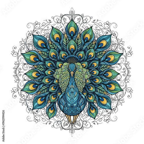 A vibrant peacock illustration with an ornate, floral, symmetrical background