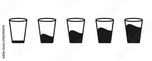 Water glass icon set. Full and empty glass of water flat icon set. Drinking water glass icon. Glass icon with line and silhouette versions