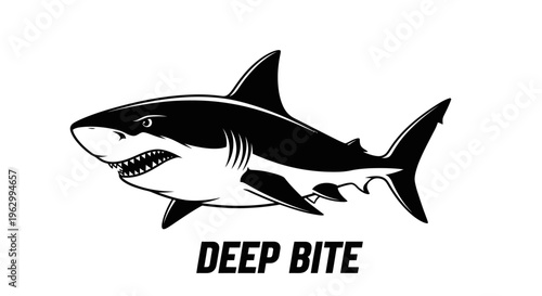 Black and white shark logo.