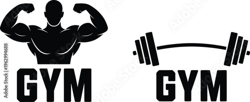 Black and white gym and weightlifting logo design featuring flexing muscle and barbell