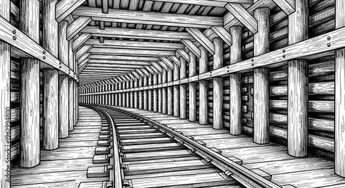Monochrome Illustration of a Mine Shaft with Wooden Supports.