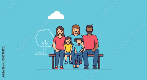 Diverse family sitting on bench together.
