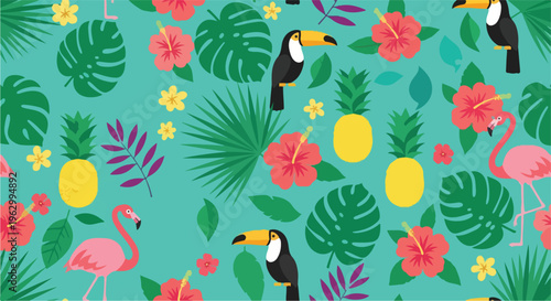 A vibrant tropical pattern featuring flamingos, toucans, and bright flowers