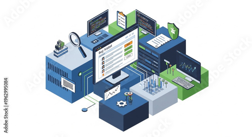 Isometric Data Analysis and Processing Illustration with Computers and Magnifying Glass.