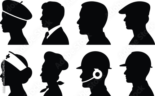 Diverse silhouettes of people wearing various distinctive headgear and attire