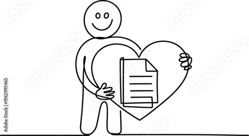 A cheerful stick figure holds a document inside a heart shape with one arm.