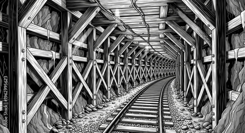 Monochrome depiction of a mine shaft with wooden support beams.