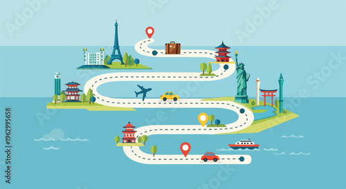 A winding road through iconic landmarks, showing global travel