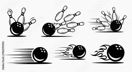 Bowling Game: A dynamic illustration captures the essence of a bowling game, showcasing a bowling ball in motion, colliding with pins. This artwork represents the sport. 