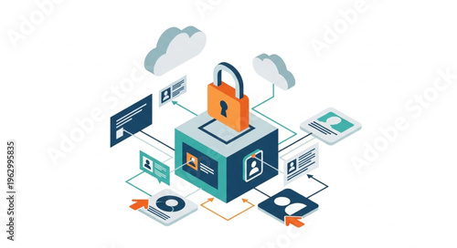 Isometric Data Security Cube with Padlock and Cloud Connection.