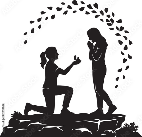 Romantic Proposal Silhouette, Man Kneeling with Engagement Ring, Love and Marriage Vector Art, Wedding Invitation Logo Design