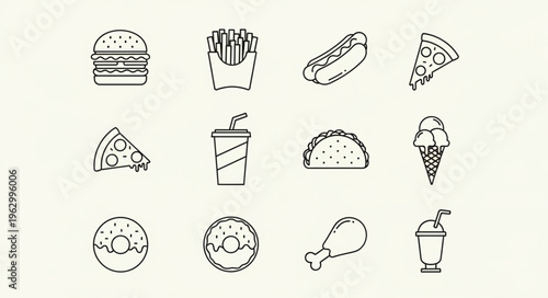 Fast Food Icons - Burger, Fries, Hot Dog, Pizza, and More.