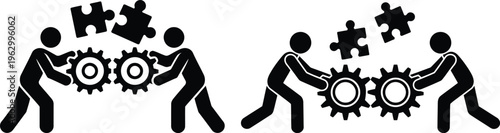 Teams collaborating to build and complete interconnected gears and puzzle pieces