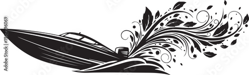 Black speedboat with floral wave