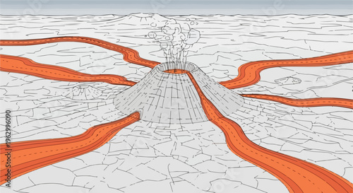 A volcanic eruption with streams of lava flowing towards the horizon