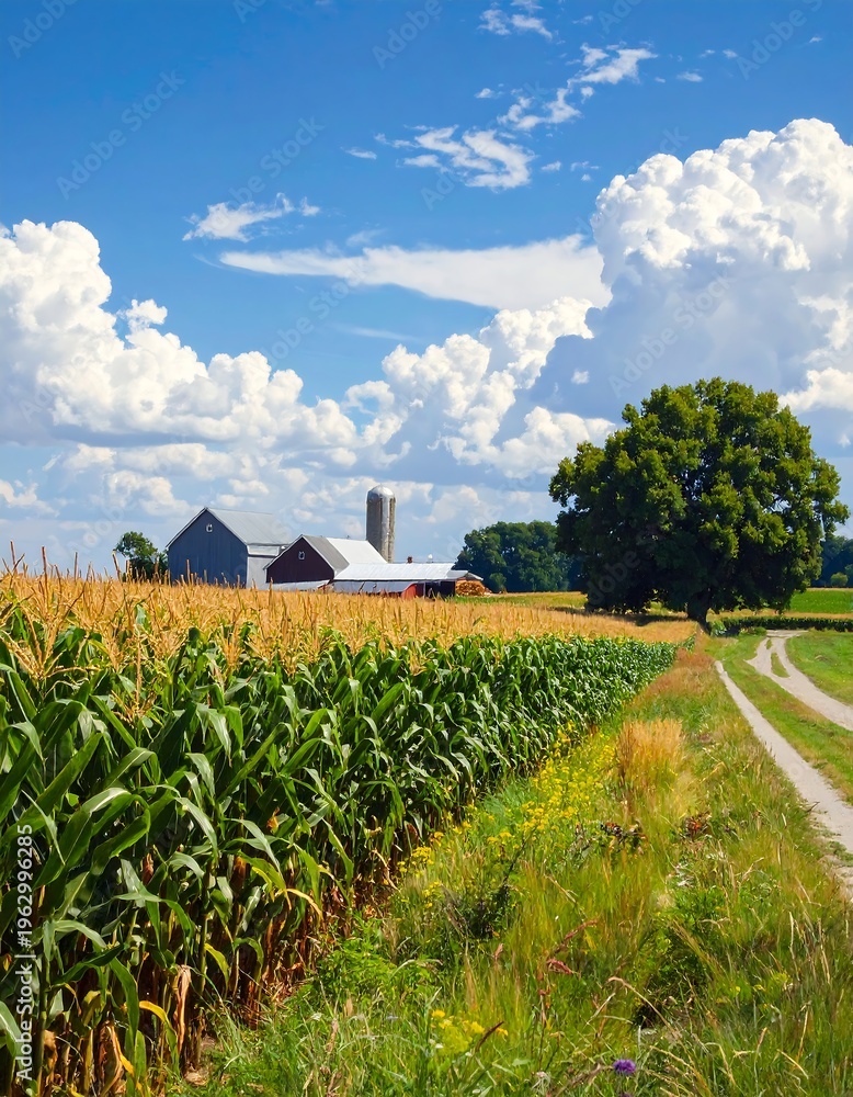 Naklejka premium A serene rural landscape with a cornfield and farm under a blue sky