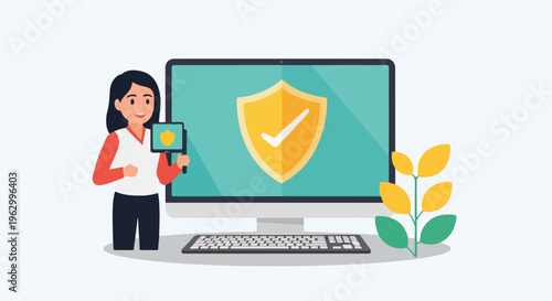 A woman holds a shield icon next to a computer screen with a check
