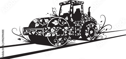 Black steamroller with leafy vines and swirls on white background