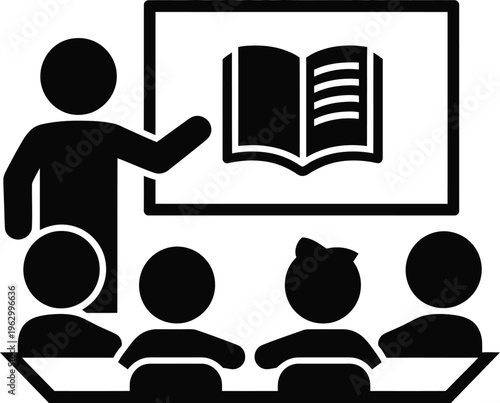 Teacher presenting an open book to a group of attentive students in a classroom setting