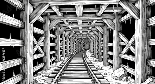 Monochrome Illustration of a Mine Shaft with Wooden Supports and Rails.