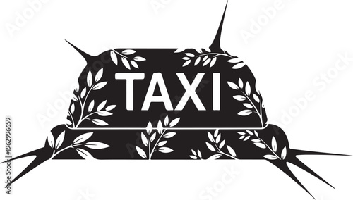 Black taxi cab silhouette with white leaves and lettering