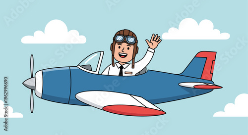 Cartoon vector illustration of smiling pilot flying small airplane in blue sky with clouds, symbolizing aviation, travel, adventure, and cheerful lifestyle design.