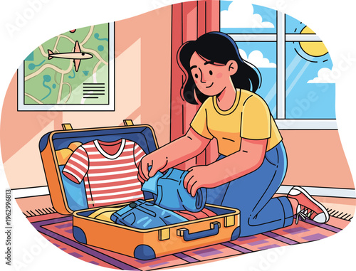 Cartoon vector illustration of person packing suitcase with clothes in bedroom, symbolizing travel preparation, vacation planning, organization, and adventure lifestyle.