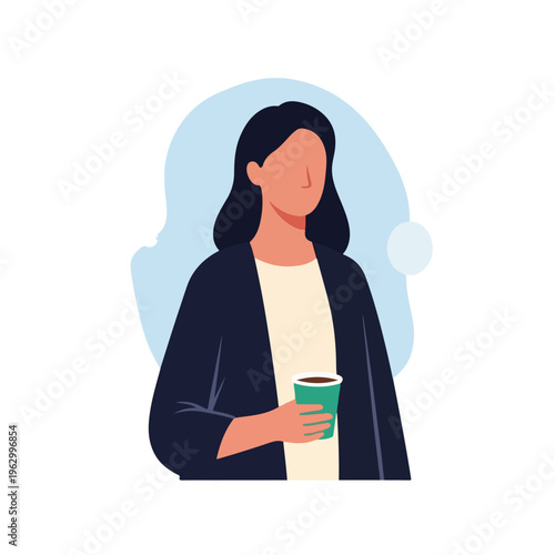 A woman in a dark jacket holds a coffee cup. Her face is faceless