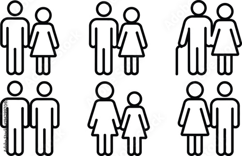 Various family and couple relationship icons depicted in simple line art
