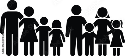 Two diverse families holding hands in a united group illustration