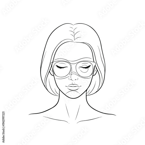 A woman in a minimalist line drawing wearing oversized glasses and short hair