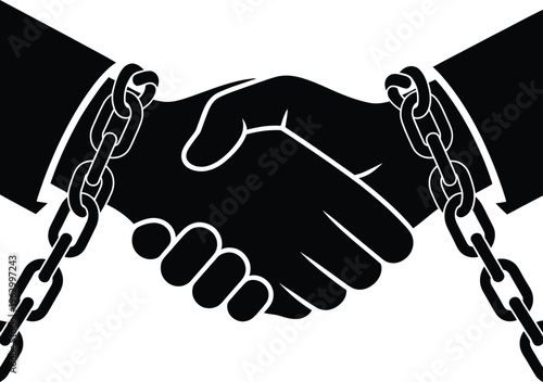 Two hands in a handshake bound by chains symbolizing constrained partnership or agreement