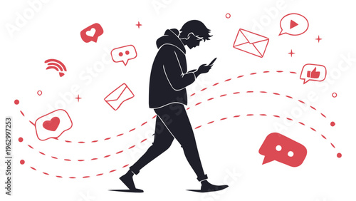 Person walking while looking at phone with social media icons floating around