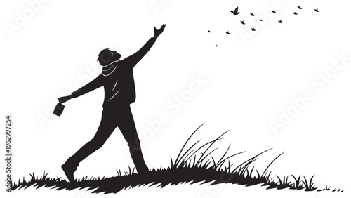 Person throwing phone away in frustration on grassy hill with birds flying