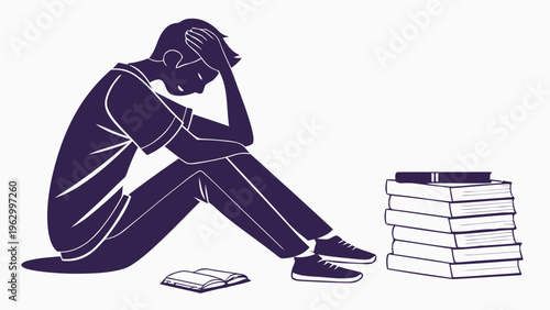 Student sitting in stress with stack of books feeling overwhelmed and frustrated with education