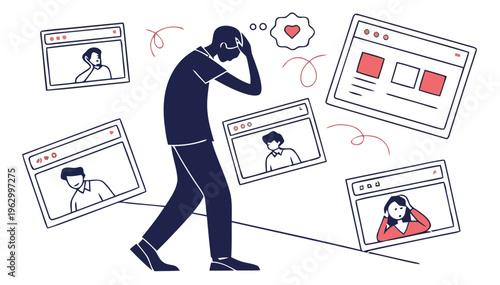 Overwhelmed person surrounded by multiple social media profiles and screens with likes and hearts