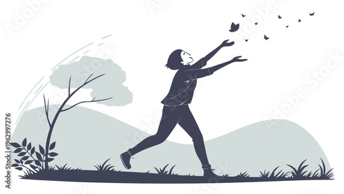 Person throwing phone away in frustration outdoors in nature with hills and trees