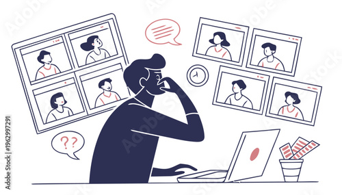 Person overwhelmed by multiple video calls on computer screens feeling stressed and anxious in a busy remote work environment
