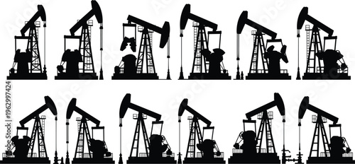 Comprehensive vector collection of black industrial oil pump jack silhouettes and petroleum drilling rig icons for energy industry, fossil fuel extraction, and global production.