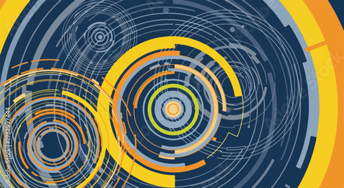 Abstract digital artwork featuring concentric circles and linear elements