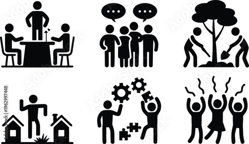Illustrations depicting various aspects of teamwork and community collaboration