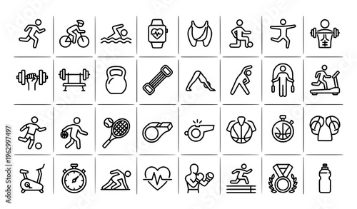 Modern sport fitness outline icons collection with gym equipment and workout symbols black and white vector