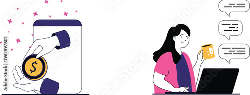 A woman receiving digital payment while chatting online with a mobile app showing money transfer icon