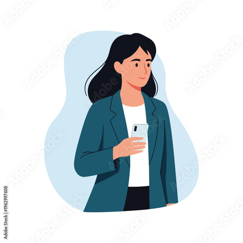 A woman in a teal jacket holding a phone with a light blue background