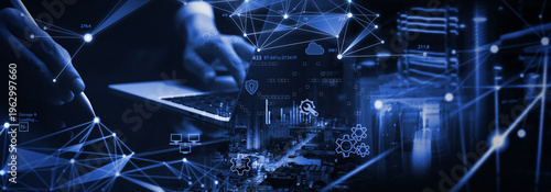 Data Science and engineering with AI, digital technology, tech background. Software engineer using AI for big data analytics, database management, cloud computing and data exchange