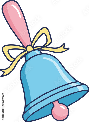 Cartoon vector illustration of decorative handbell with ribbon, symbolizing festive celebration, school bell, holiday design, and cheerful sound icon.